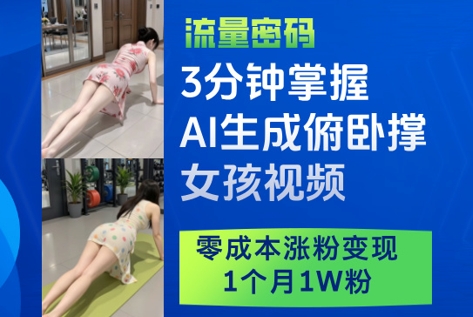 3分钟掌握AI生成俯卧撑女孩视频，零成本涨粉变现，1个月1W粉-森森项目库