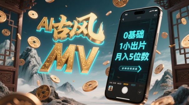 AI一键生成古风音乐MV，0剪辑基础1小时出片，多种变现渠道，一部手机月入5位数-森森项目库