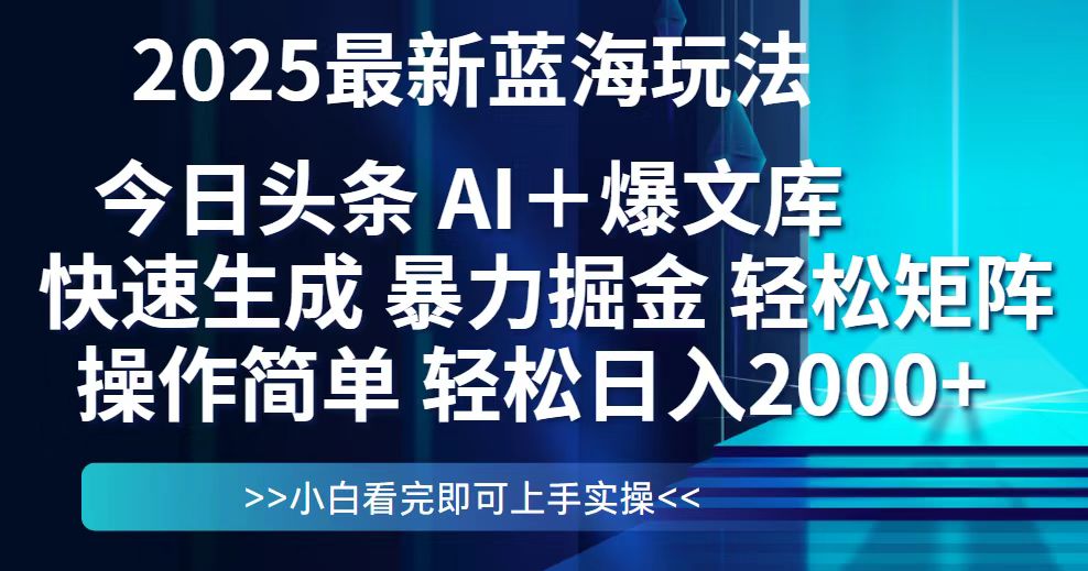 今日头条2025最新蓝海玩法，思路简单，复制粘贴，轻松实现矩阵日入2000+-森森项目库