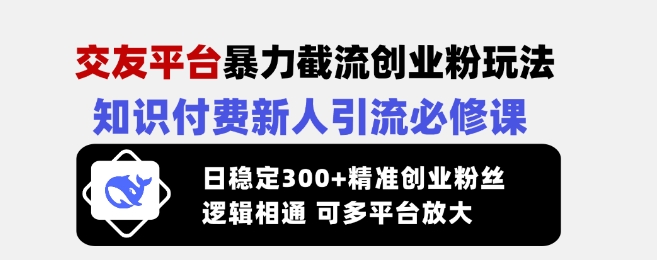 交友平台暴力截流创业粉玩法，知识付费新人引流必修课，日稳定300+精准创业粉丝，逻辑相通可多平台放大-森森项目库