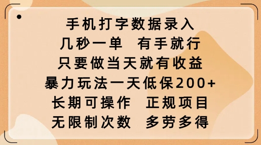手机打字数据录入，几秒一单，有手就行，只要做当天就有收益，暴力玩法一天低保2张-森森项目库