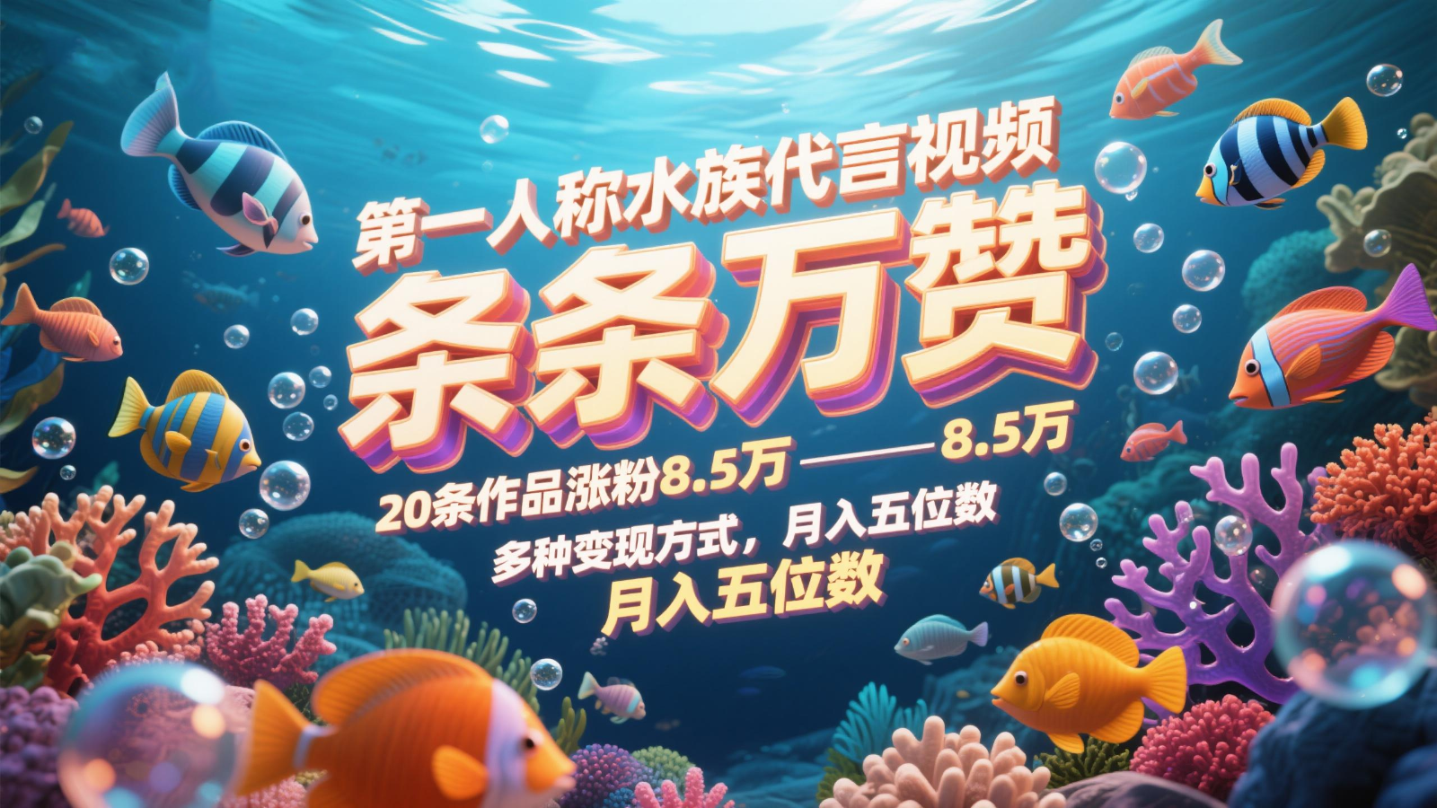 第一人称水族代言视频，条条万赞，20条作品涨粉8.5万，多种变现方式月，入五位数-森森项目库