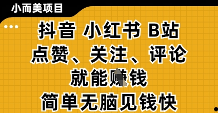小而美的项目，抖音小红书B站视频点赞、关注、评论就能挣钱，简单无脑立见收益，妥妥的零撸项目【揭秘】-森森项目库
