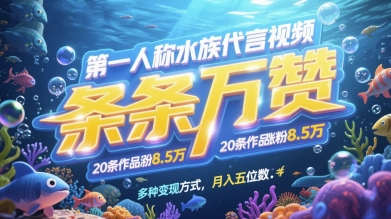 第一人称水族代言视频，条条万赞，20条作品涨粉7.8W，多种变现方式月入五位数-森森项目库